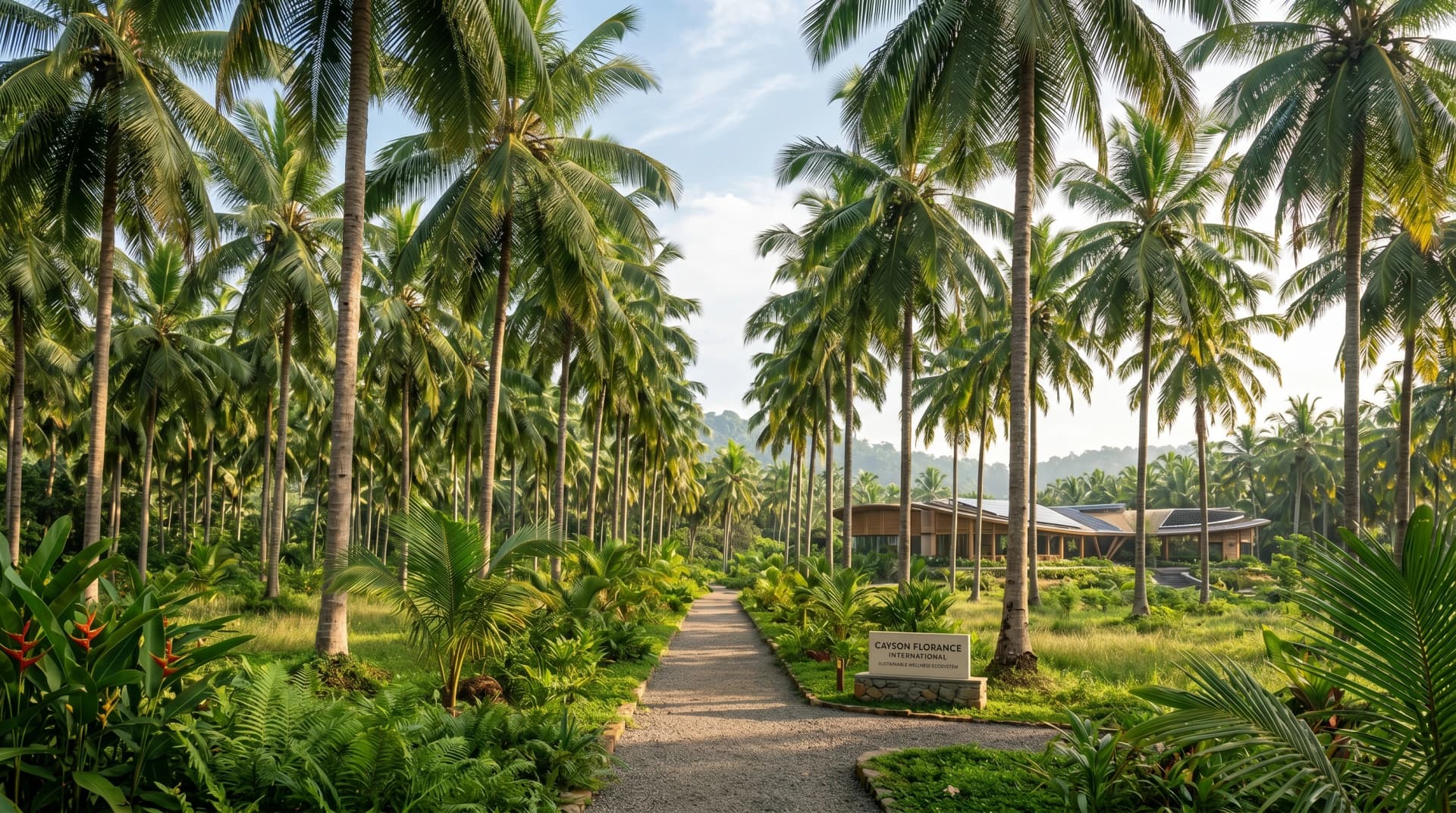 Lush Kerala coconut plantation — the source of Cayson Florance's premium natural ingredients, partnering with 500+ farmers across Kerala and Tamil Nadu