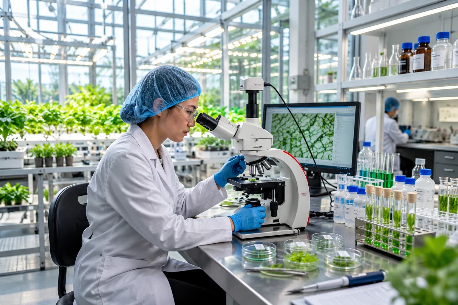 Scientist conducting plant research under microscope in advanced bio-lab