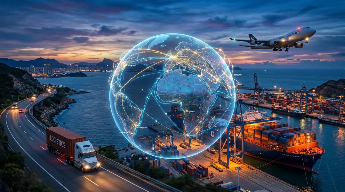 Global trade shipping route with cargo vessel, airplane and illuminated globe