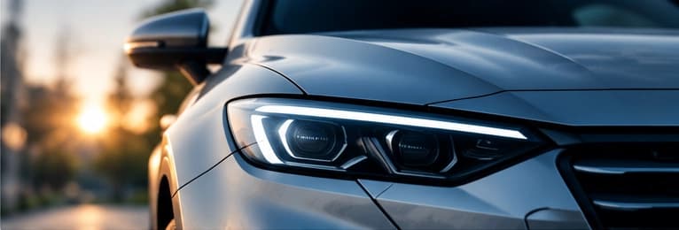 Dark luxury car front headlight close-up