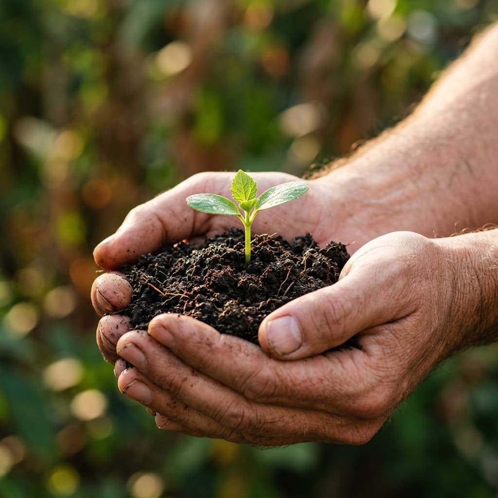 Hands holding seedling