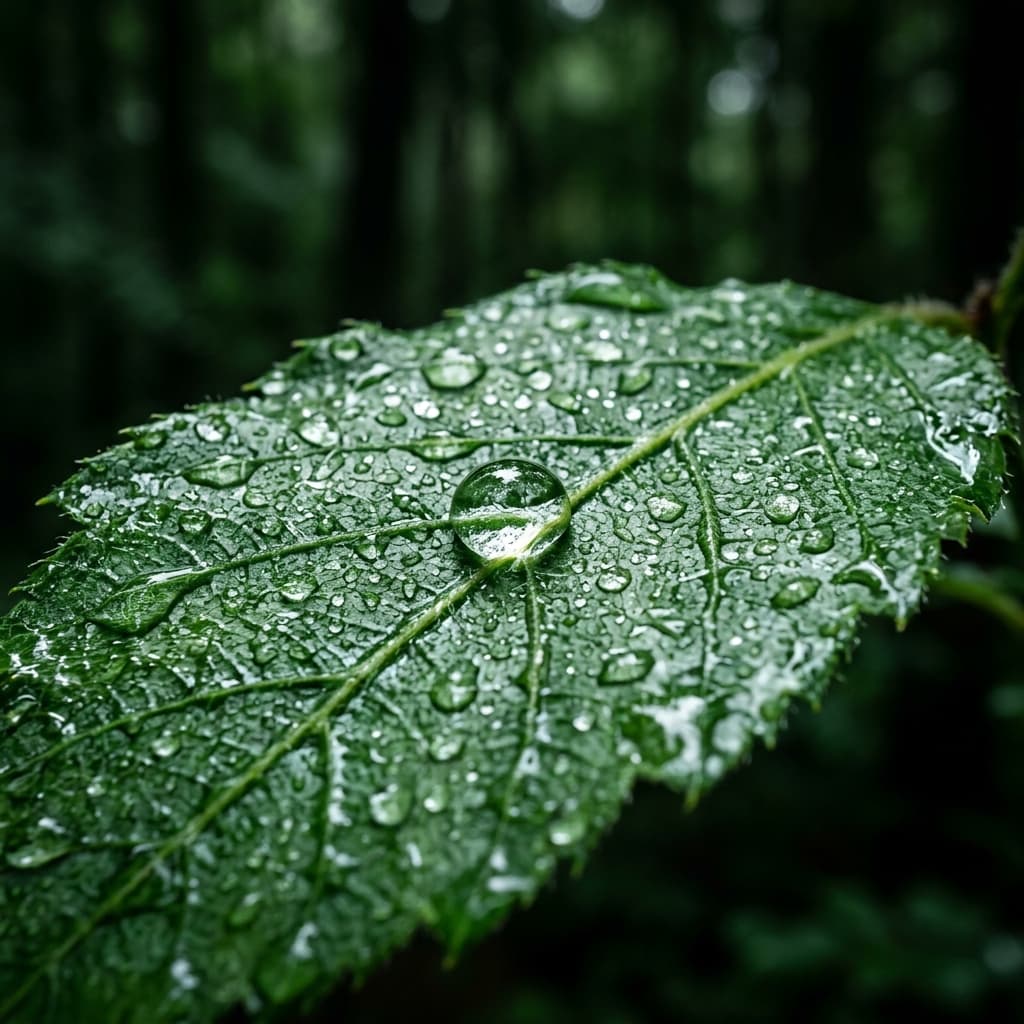 Green leaf with water dew drops