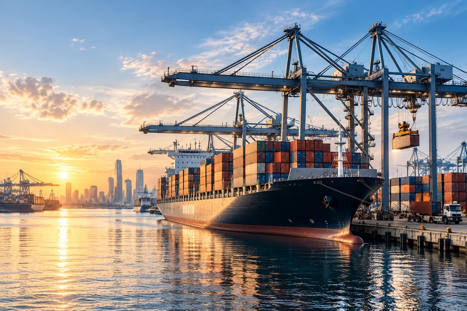 Cargo port at sunset