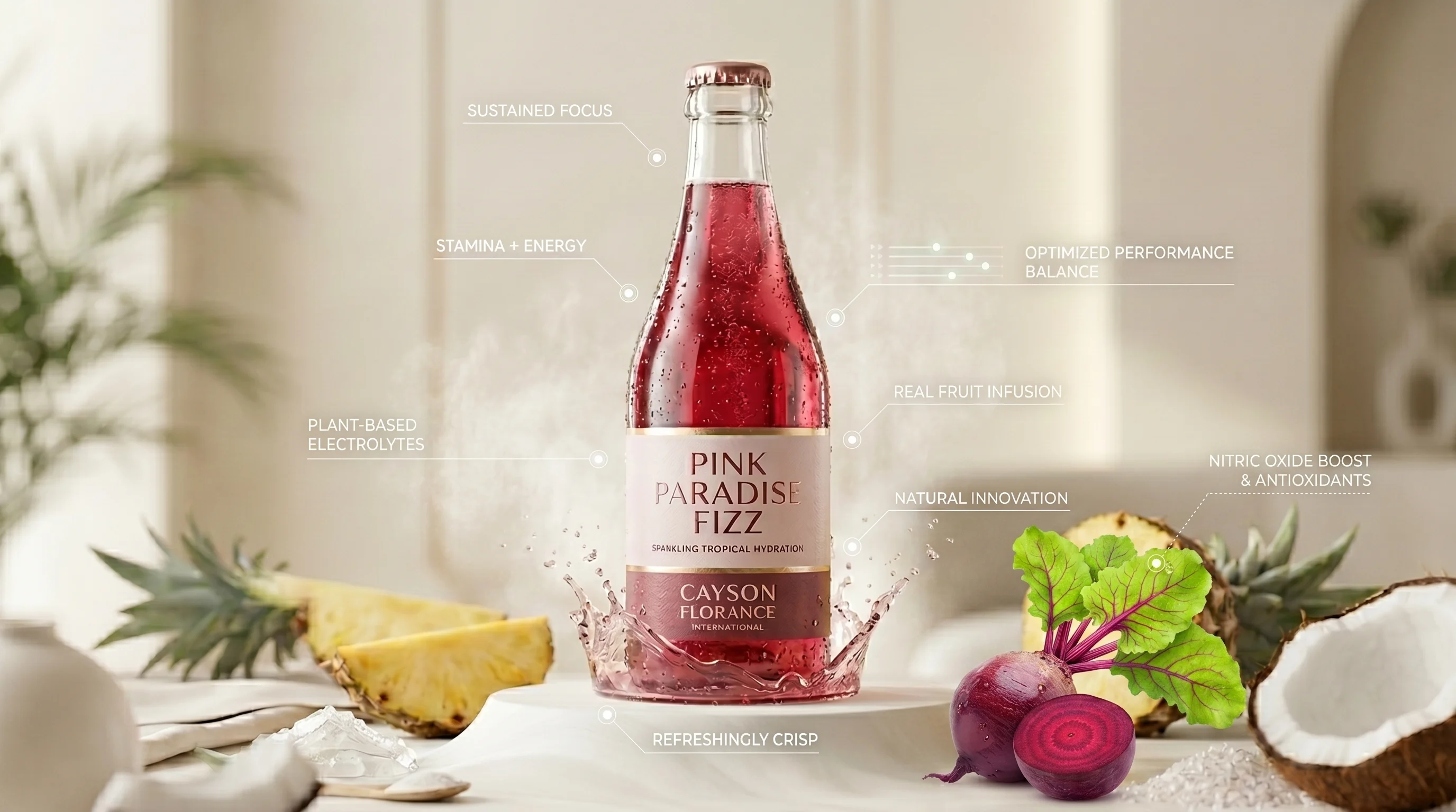 Pink Paradise Fizz — A vibrant sparkling wellness drink crafted with real Pineapple Juice, hydrating ...